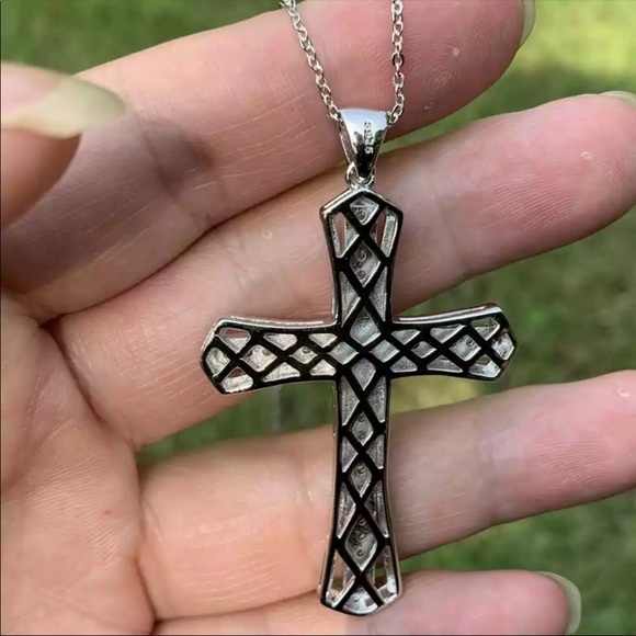 New Men Women 925 Silver Cross Diamond Necklace - Picture 4 of 7
